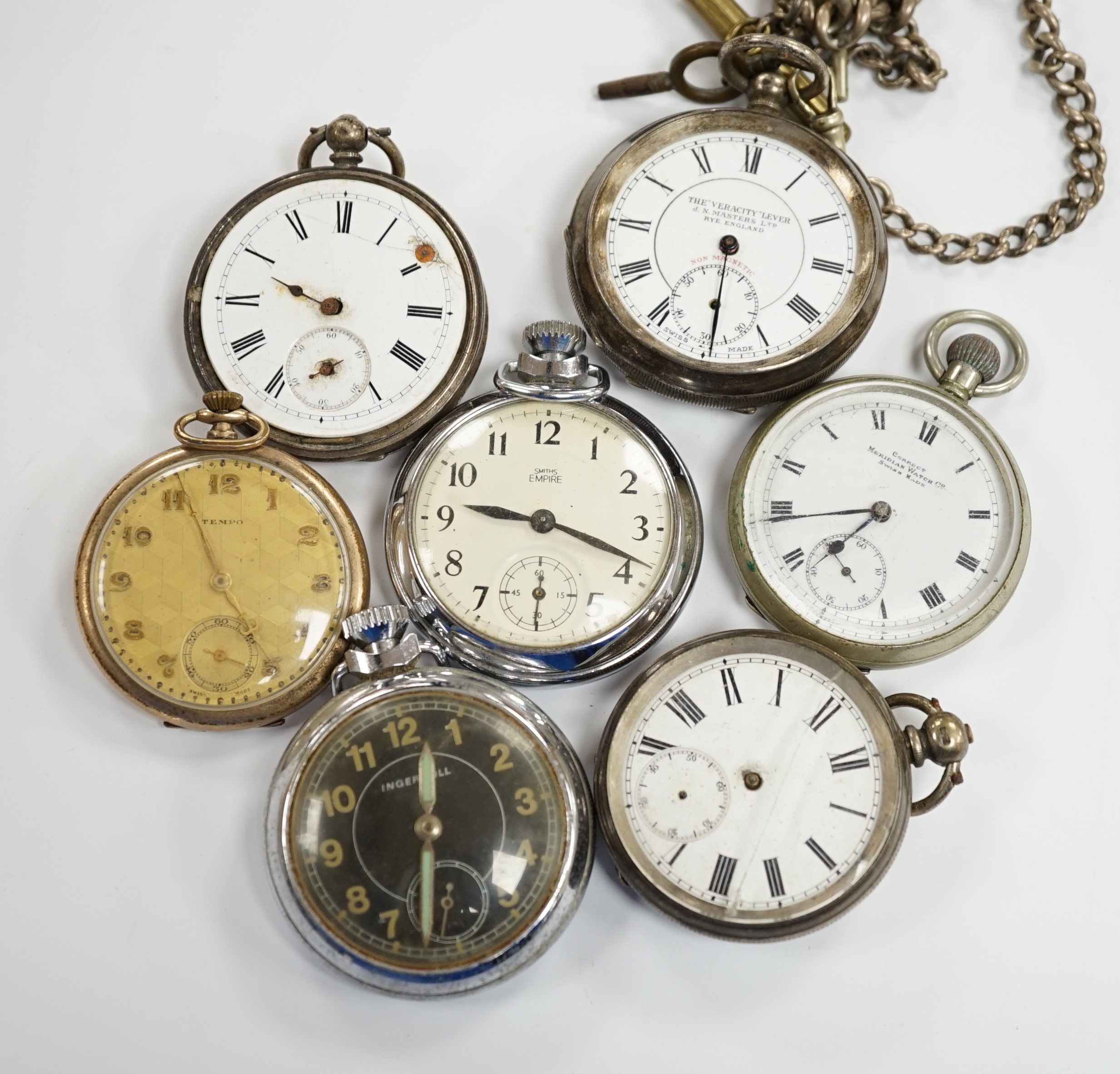 Six assorted pocket watches including silver 'The Veracity Lever' (a.f.)
